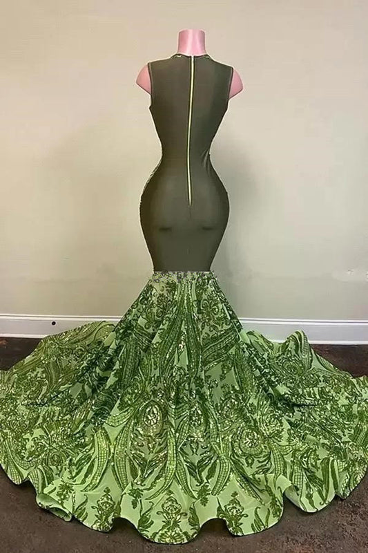 Elegant Sage Green Sleeveless Prom Dress mermaid Sequins Long