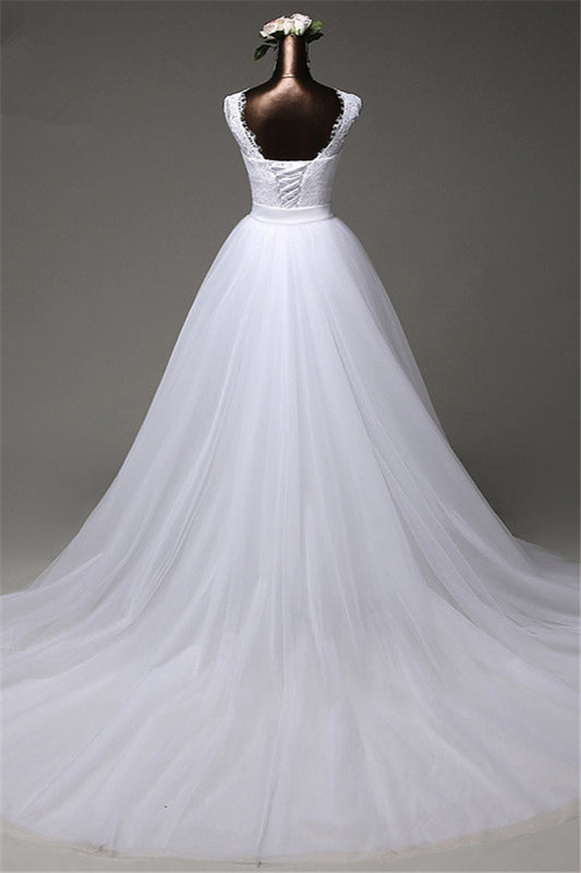 Elegant Jewel-Embellished Sleeveless Lace Wedding Gown Featuring a Tulle Overskirt