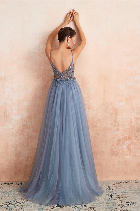 Gorgeous Spaghetti-Straps V-Neck Prom Dress Beadings SPlit Tulle Long Open Back