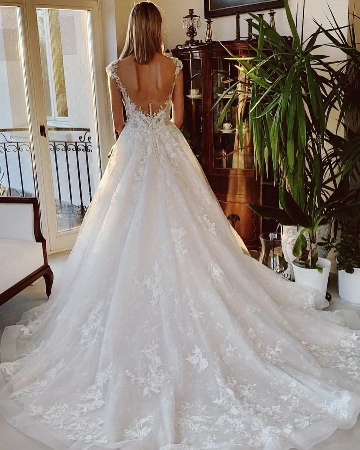Stunning Backless Lace Bateau Wedding Dress with Appliques and Church Train