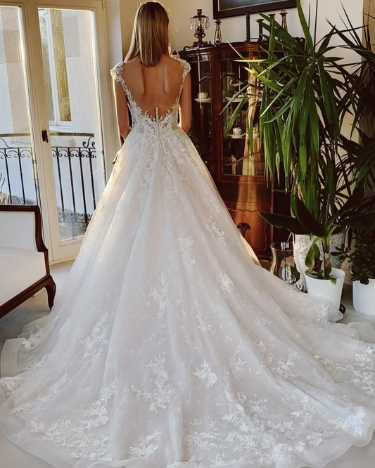 Stunning Backless Lace Bateau Wedding Dress with Appliques and Church Train