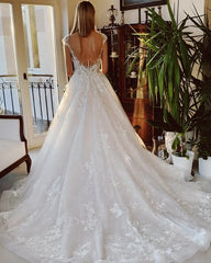 Stunning Backless Lace Bateau Wedding Dress with Appliques and Church Train