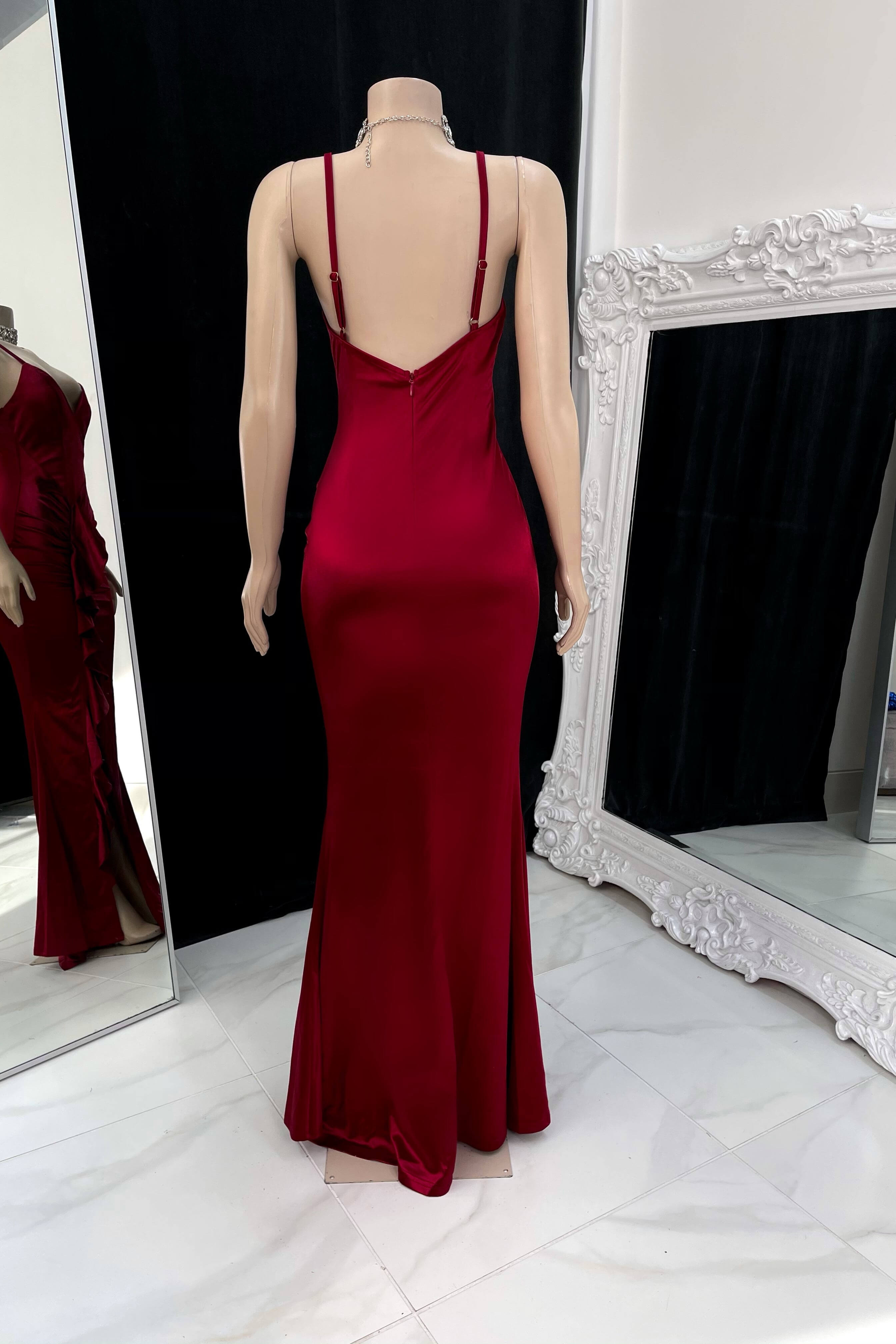 Burgundy Prom Dress Spaghetti Strap Sleeveless Backless Pleated Side Slit
