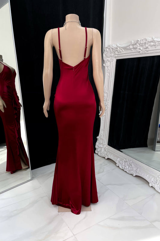 Burgundy Prom Dress Spaghetti Strap Sleeveless Backless Pleated Side Slit