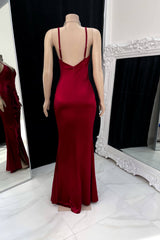 Burgundy Prom Dress Spaghetti Strap Sleeveless Backless Pleated Side Slit