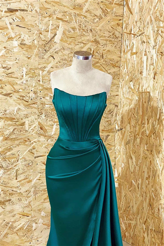 Gorgeous Dark Green Strapless Long Mermaid Prom Dress with Pleats Ruffles