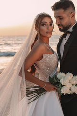 Elegant One Shoulder A-line Wedding Gown with Sequins and Long Sleeves