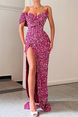 Charming Purple Off-the-Shoulder Sequins Prom Dress Mermaid Long With Split