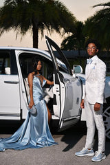 Modern Dusty Blue One Shoulder Slit Prom Dress Long With Beads