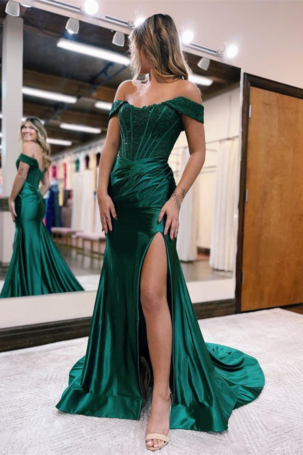Elegant Off-the-Shoulder Mermaid Prom Dress Appliques With Slit