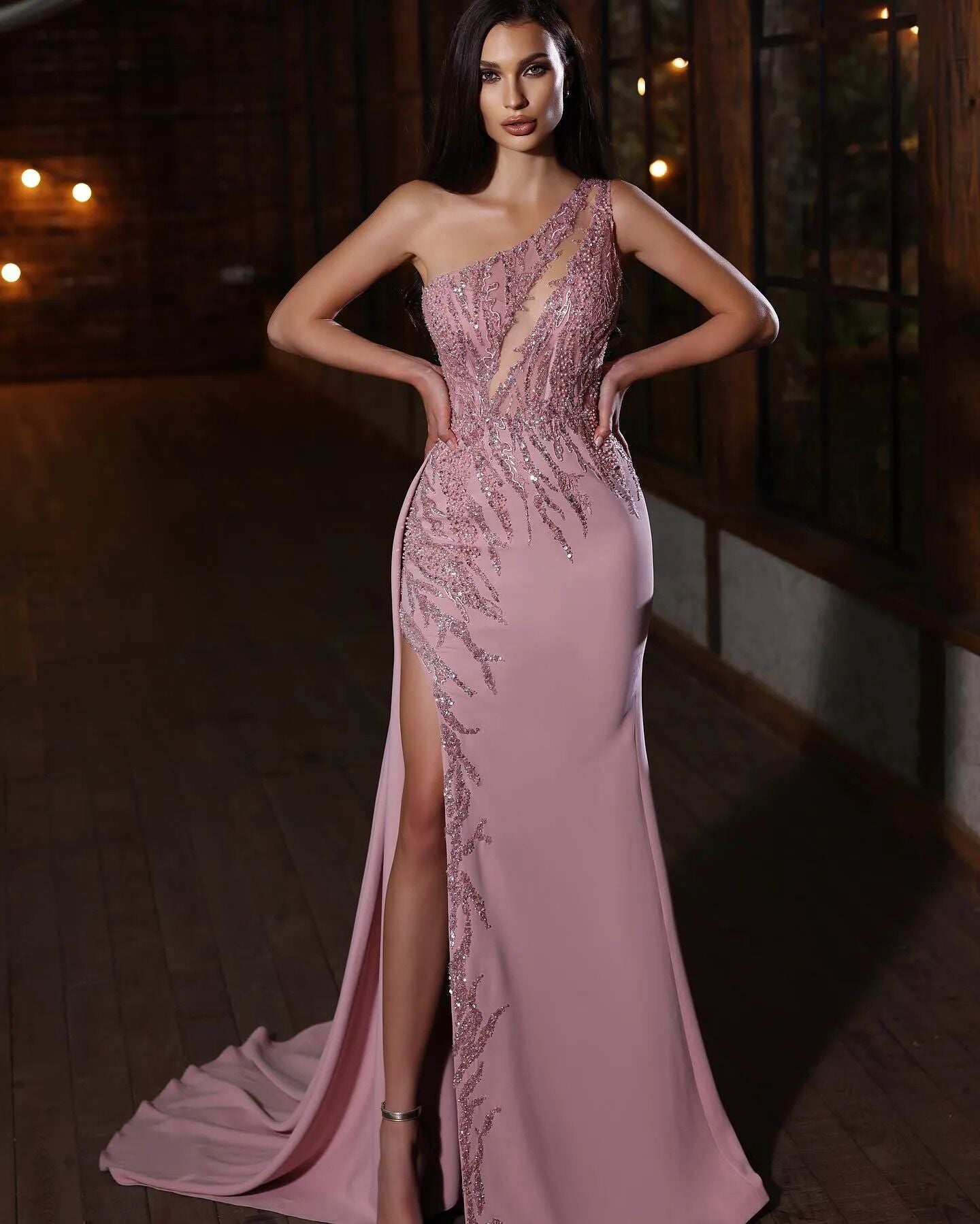 Modern One Shoulder Pink Prom Dress Mermaid Long Slit WIth Beads Sequins