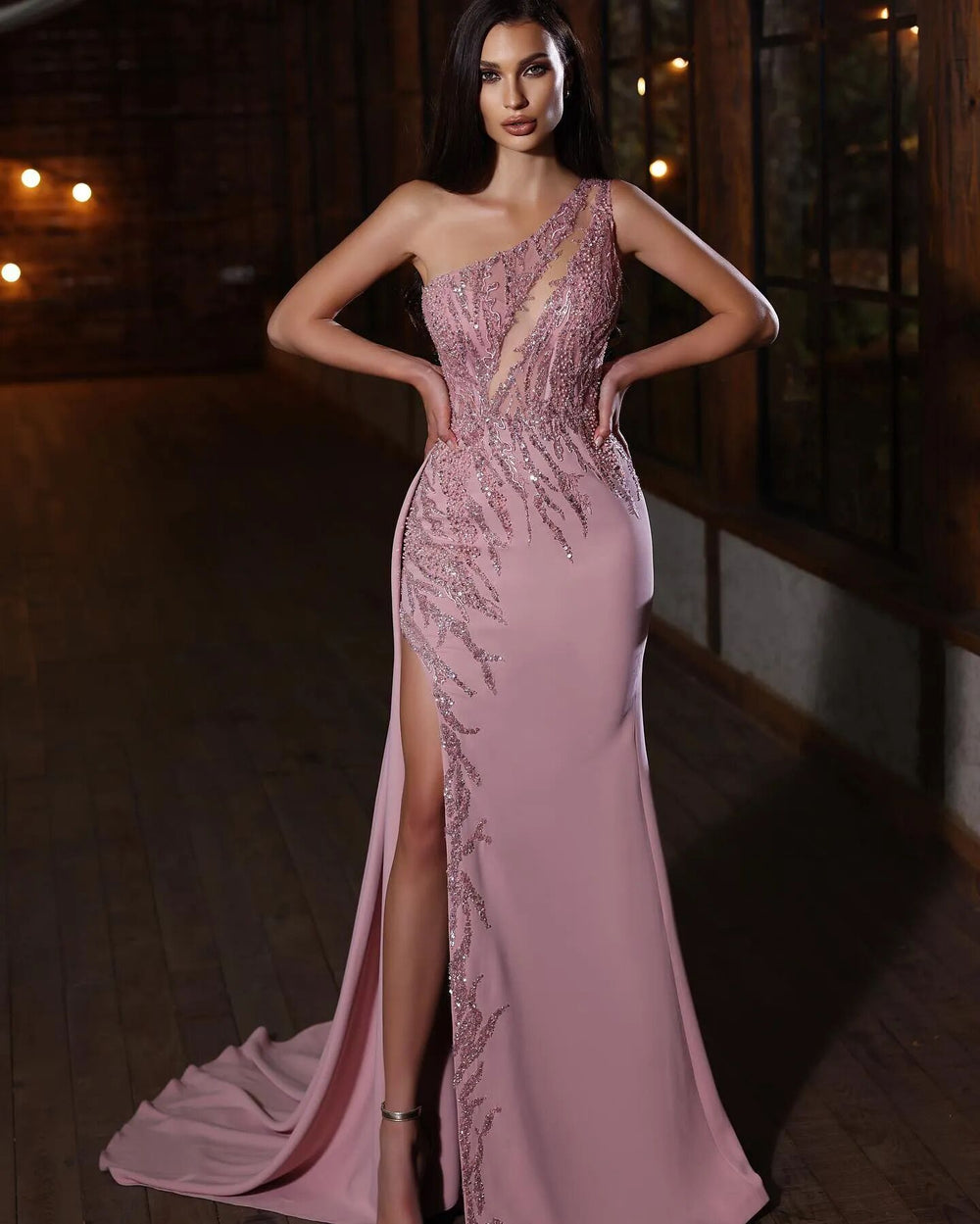 Modern One Shoulder Pink Prom Dress Mermaid Long Slit WIth Beads Sequins