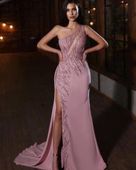 Modern One Shoulder Pink Prom Dress Mermaid Long Slit WIth Beads Sequins