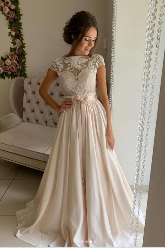 Elegant stretch satin A-line bridal gown with lace details