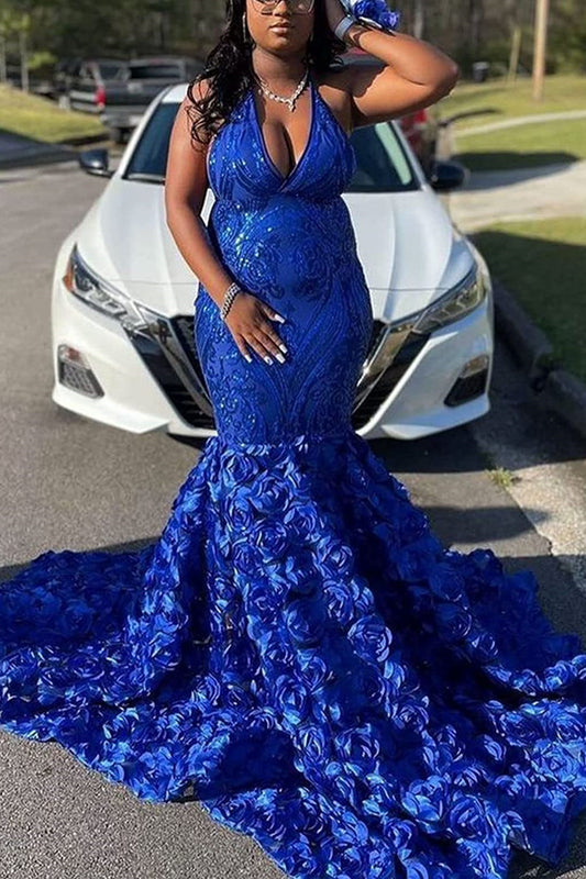 Modern Royal Blue V-Neck Mermaid Prom Dress With Flowers Bottom Sleeveless