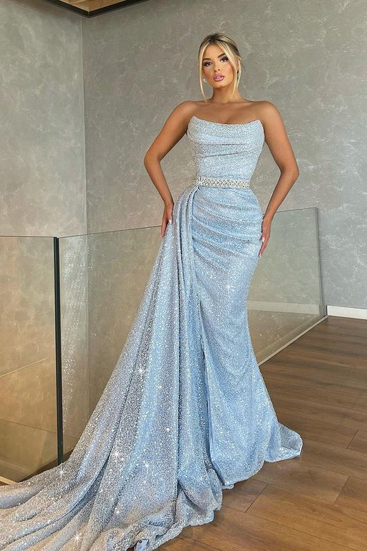 Baby Blue Strapless Sleeveless Beadings Mermaid Prom Dress with Sequins