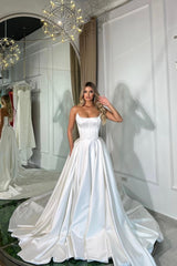 Sleeveless A-Line White Charmeuse Long Wedding Prom Dress