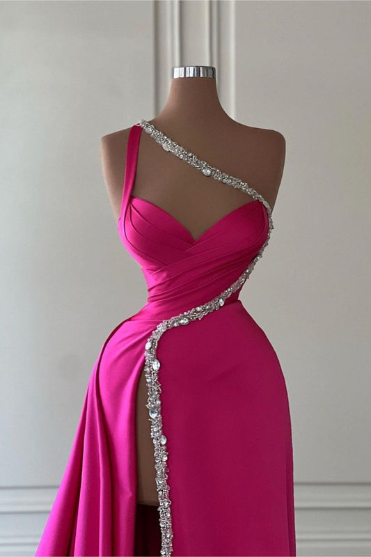 Fuchsia Evening Dress Long One Shoulder With Slit Pleated Beadings