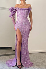 Gorgeous Lilac Long Sleeves Mermaid Prom Dress Sequins Split Off-the-Shoulder
