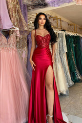 Modern Red Spaghetti-Straps Sleeveless Prom Dress Mermaid Split Long With Sequins