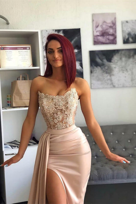 Chic Pink Evening Prom Dress with Applique Belt Slit Hollowing Out