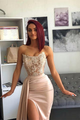 Chic Pink Evening Prom Dress with Applique Belt Slit Hollowing Out