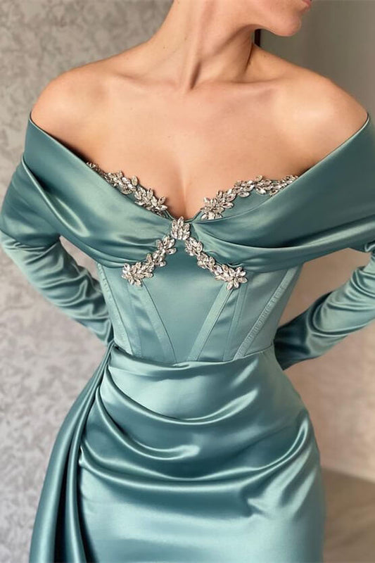 Gorgeous Long Sleeves Off-the-Shoulder Prom Dress Mermaid Ruffles With Beads