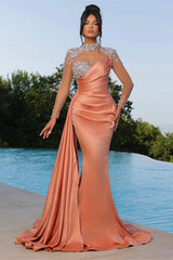 Modern High Neck Coral Long Sleeves Prom Dress Mermaid With Crystals Ruffle