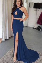 Modern Two Pieces Mermaid Halter Prom Dress With Split