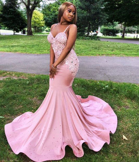 Charming Spaghetti-Straps Pink Mermaid Prom Dresses Lace Appliques Online