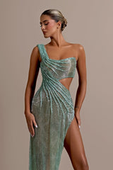  Mint Green One Shoulder Long Prom Dress Sleeveless with Split