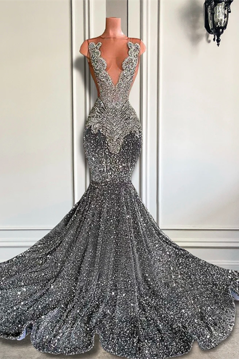 Classic Gray Mermaid Sequins Prom Dress Sleeveless Long With Crystals