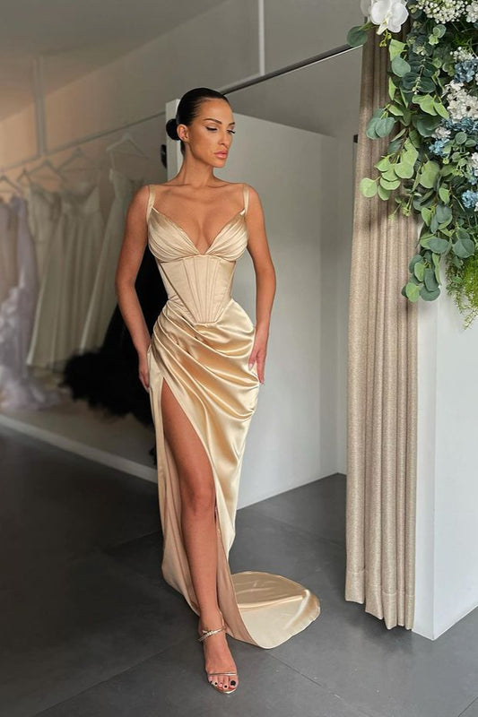 Starps V-Neck Split Prom Dress Long Sleevesless Evening Party Gowns