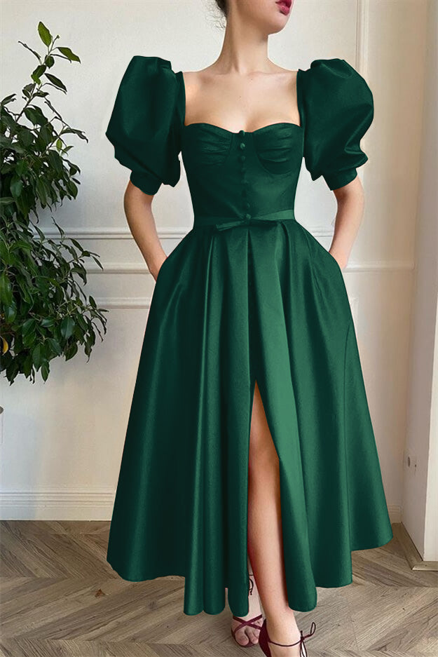 Online Wine Red Front Split Short Prom Dress Square with Short Sleeves