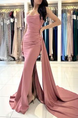 New Arrival Dusty Rose Mermaid Prom Dress Starpless Pleats With Slit