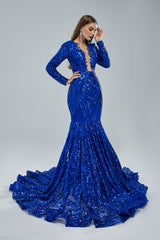 Gorgeous Royal Blue Long Sleeves Prom Dress Mermaid Sequins Online