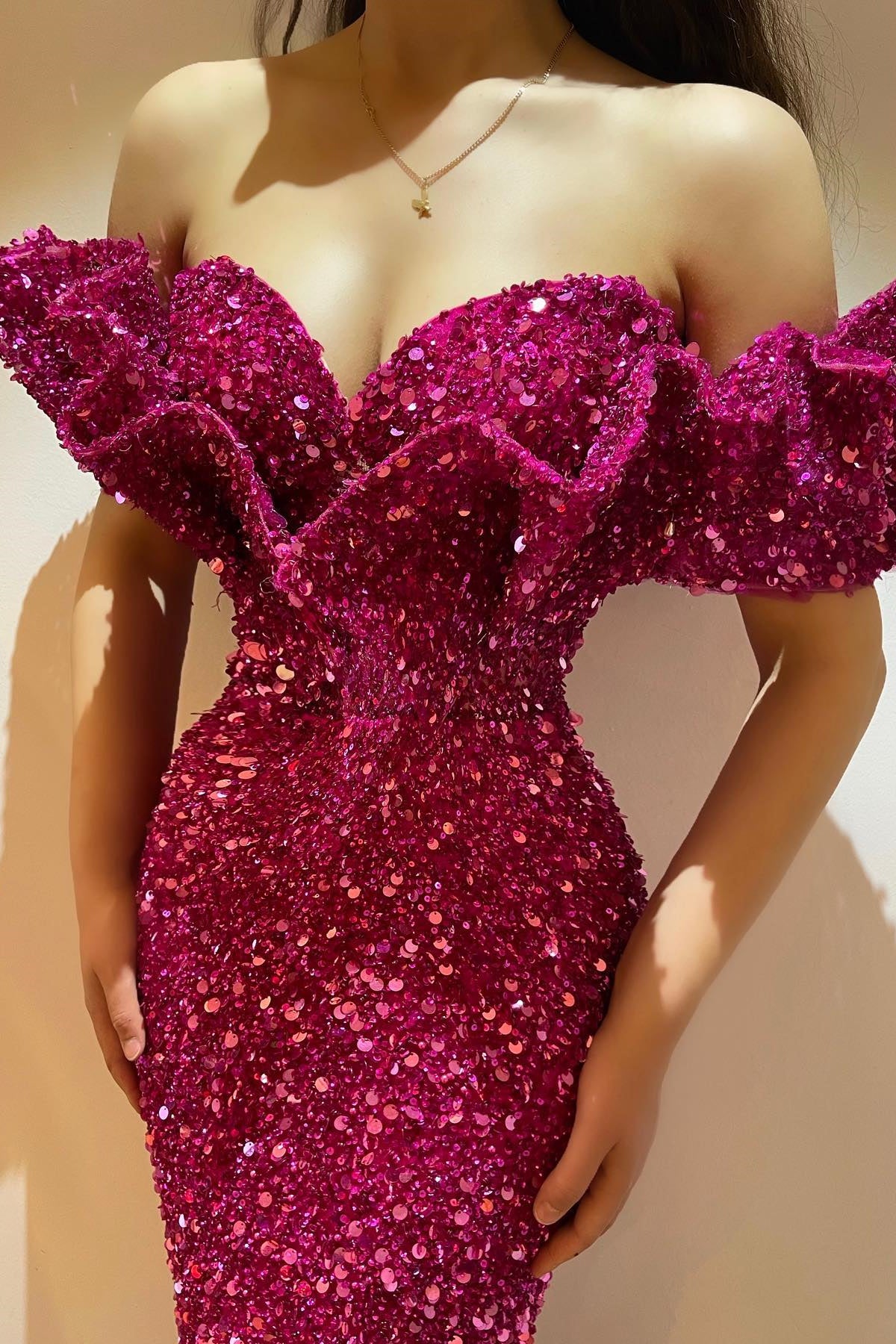 New Arrival Fuchsia Off-The-Shoulder Sweetheart Mermaid Prom Dress With Sequins