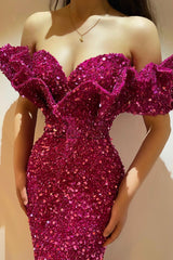 New Arrival Fuchsia Off-The-Shoulder Sweetheart Mermaid Prom Dress With Sequins