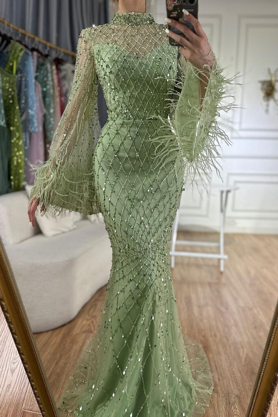 Green Long Sleeve Sequins Mermaid Prom Dress with Straight Across