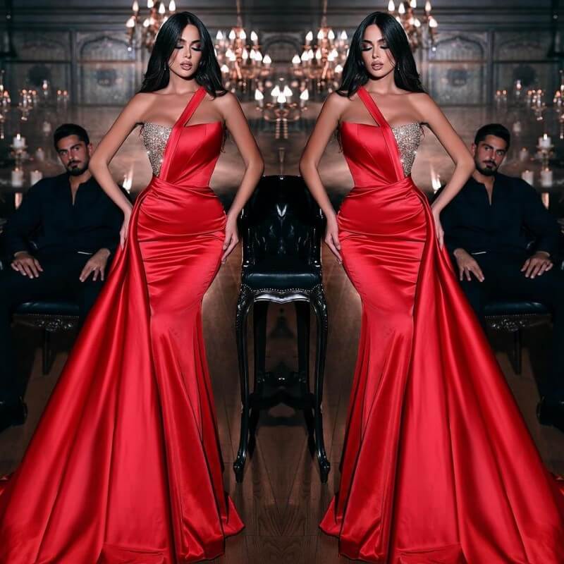 Charming Red One Shoulder Mermaid Prom Dress Ruffles Long With Beads