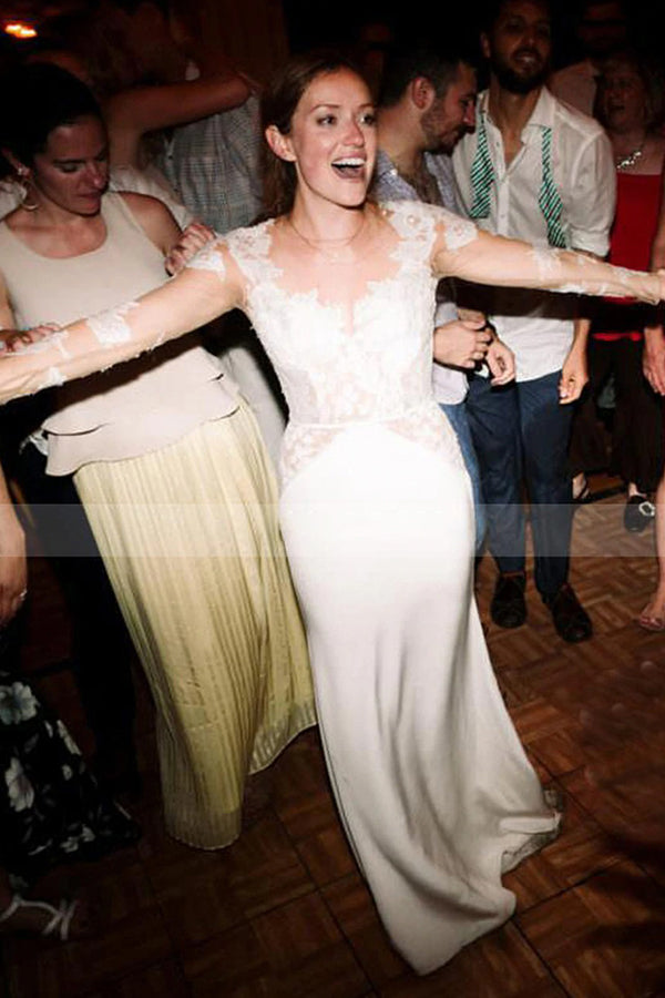 Elegant Floor-Length Sheer Lace Wedding Dress With Long Sleeves and Tulle A-Line