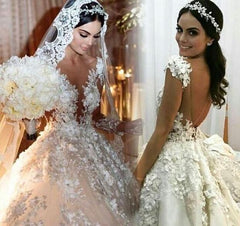 Princess Bateau Wedding Dress with Modest Backless Design and Floor-length Lace Ruffles
