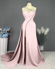 Fuchsia Evening Dress Long One Shoulder With Slit Pleated Beadings