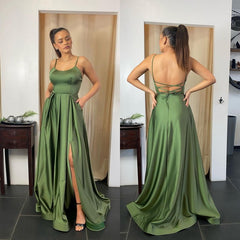 Elegant Spaghetti-Straps Long Prom Dress Split With Pocket