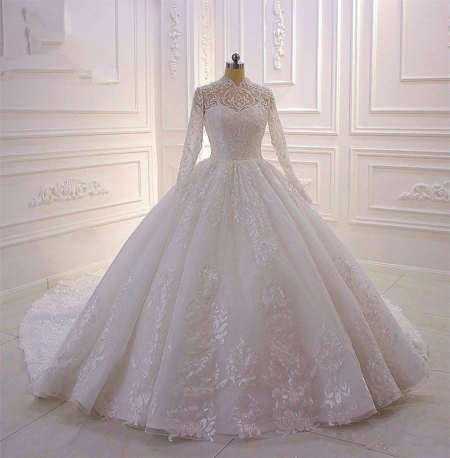 Elegant High-neck Ball Gown with Long Sleeves, Ruffles, and Lace Appliques