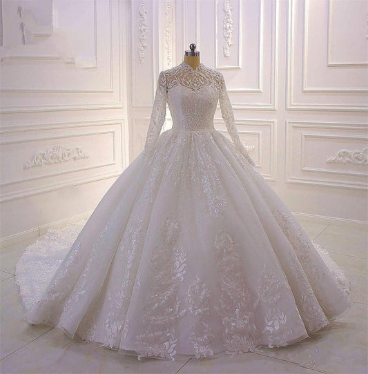 Elegant High-neck Ball Gown with Long Sleeves, Ruffles, and Lace Appliques