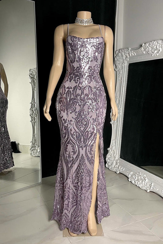New Arrival Spaghetti-Straps Sequins Prom Dress Mermaid Slit Sleeveless