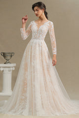 Elegant Long-Sleeve Illusion Wedding Gown in Sheer Tulle with Lace