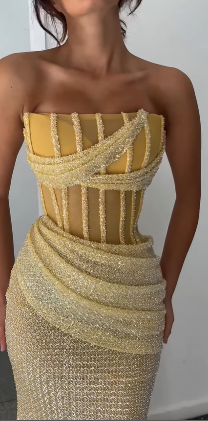 Stunning Yellow Strapless Prom Dress Mermaid Sequins Long Online