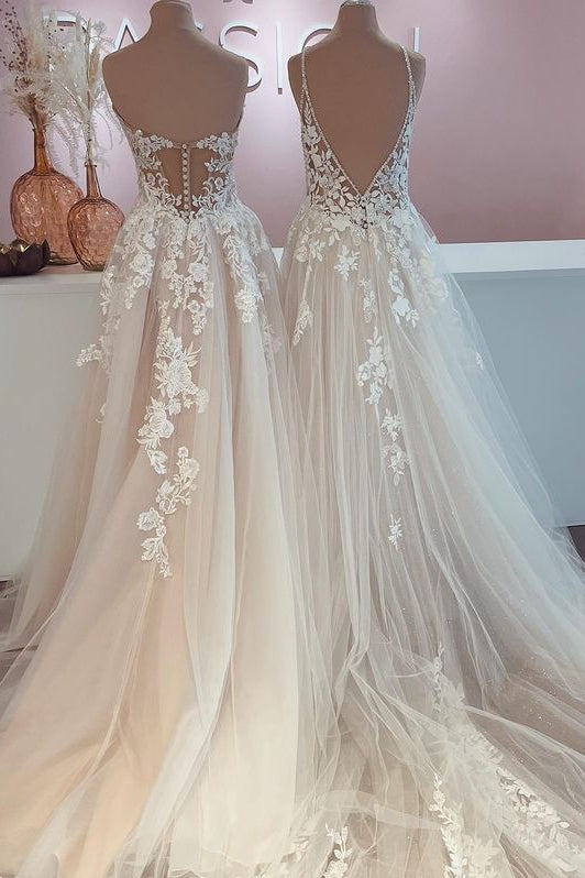 Elegant A-Line Floor-length Wedding Gown with Backless Design and Tulle Lace Appliques